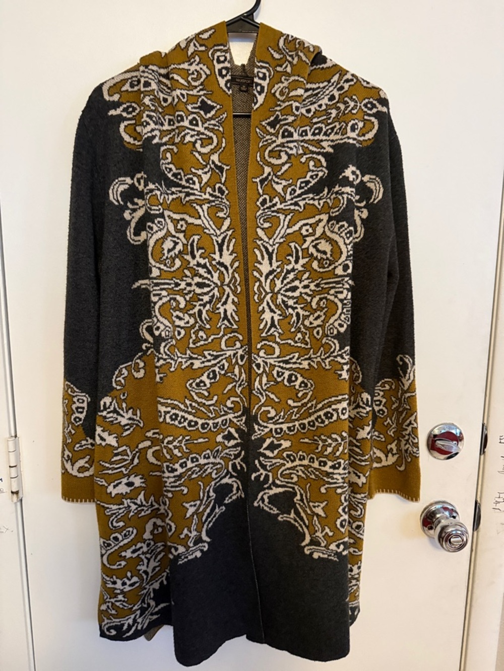 Hooded Long Knit Cardigan in Mustard and Charcoal